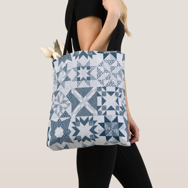 Cheater Traditional Patchwork Stars Quilt Blue Tote Bag (Close Up)