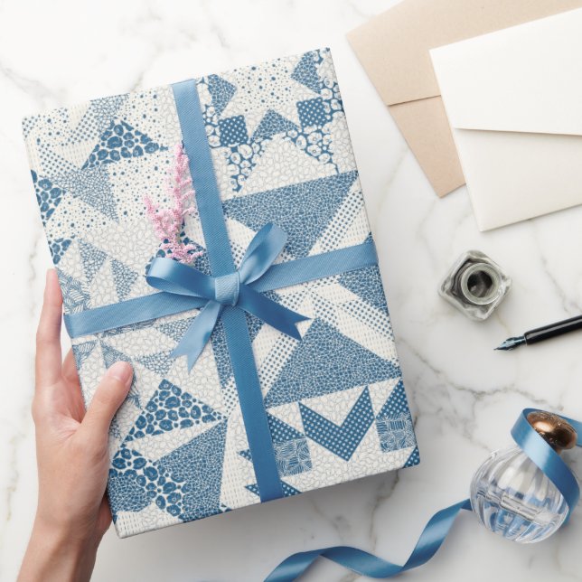 Cheater Traditional Patchwork Stars Quilt Blue Wrapping Paper (Gifting)