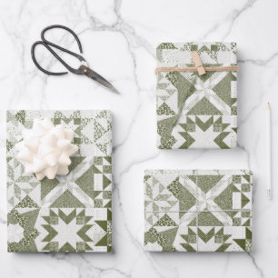 Cheater Traditional Patchwork Stars Quilt Green Wrapping Paper Sheet