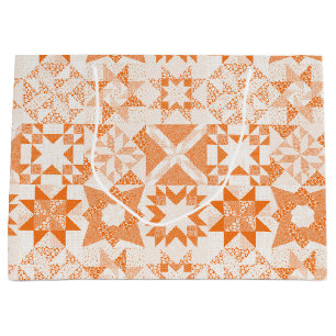 Cheater Traditional Patchwork Stars Quilt Orange Large Gift Bag