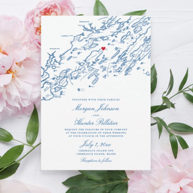 Chebeague Island Maine Elegant Navy Map Wedding Invitation (These Chebeague Island Inn Wedding invitations are perfect for your Casco Bay Destination Wedding)