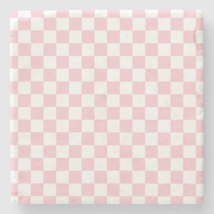 Check Baby Pink And White Chequerboard Pattern Stone Coaster