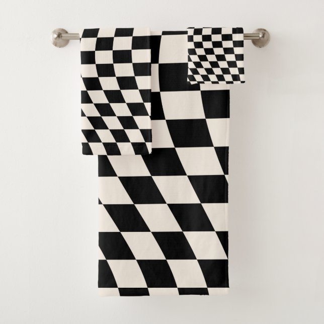 Check Black And Cream White Pattern Chequerboard Bath Towel Set (Insitu)
