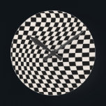 Check Black And Cream White Pattern Chequerboard Round Clock<br><div class="desc">Retro Chequered pattern – black and white twisted check / wavy and warped chequerboard.</div>