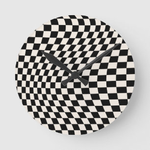 Check Black And Cream White Pattern Chequerboard Round Clock
