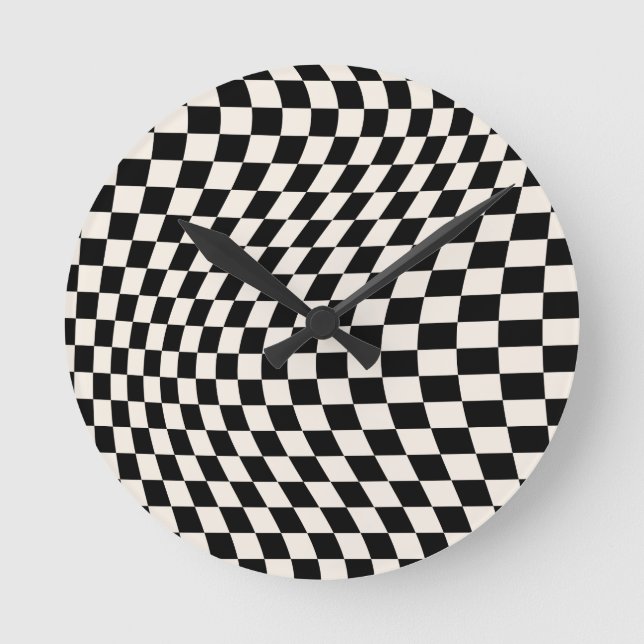 Check Black And Cream White Pattern Chequerboard Round Clock (Front)
