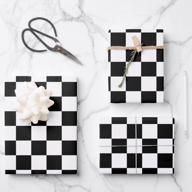 Check Black White Chequered Pattern Chequerboard Wrapping Paper Sheet (Front)