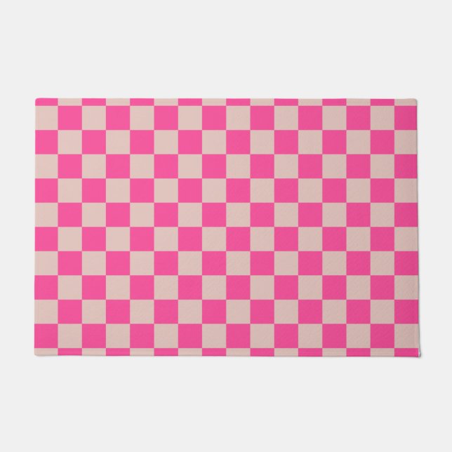 Check Coral Pink Chequered Pattern Chequerboard Doormat (Front)