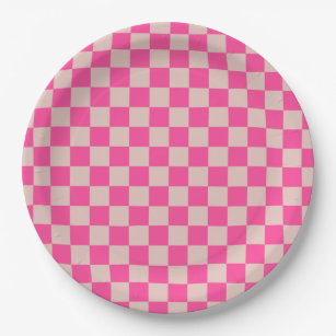 Check Coral Pink Chequered Pattern Chequerboard Paper Plate