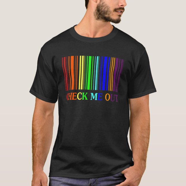 Check Cute About Me Out Barcode Rainbow Gay Pride  T-Shirt (Front)