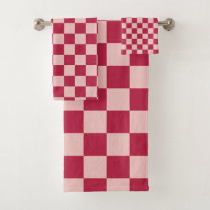 Check Magenta And Peach Pattern Chequerboard Bath Towel Set