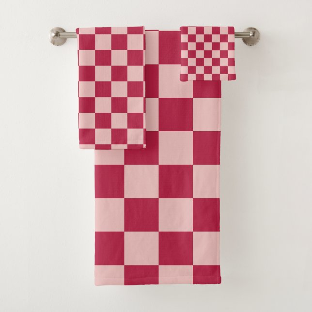 Check Magenta And Peach Pattern Chequerboard Bath Towel Set (Insitu)