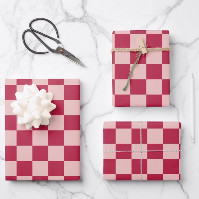 Check Magenta And Peach Pattern Chequerboard Wrapping Paper Sheet (Front)