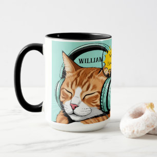 CHECK MEO Brown Cat with Headphones – Personalised Mug