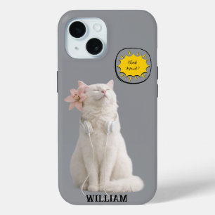 CHECK MEO White Cat with Headphones – Personalised iPhone 15 Case