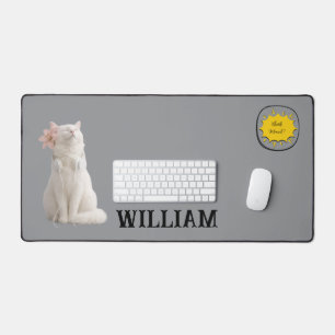 CHECK MEO White Cat with Headphones – Personalised Desk Mat