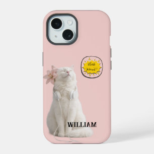 CHECK MEO White Cat with Headphones – Personalised iPhone 15 Case