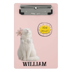 CHECK MEO White Cat with Headphones – Personalised Mini Clipboard