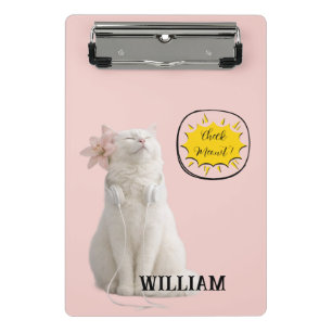 CHECK MEO White Cat with Headphones – Personalised Mini Clipboard