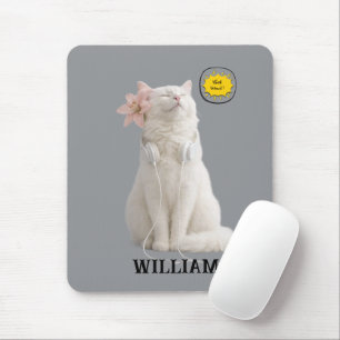 CHECK MEO White Cat with Headphones – Personalised Mouse Pad