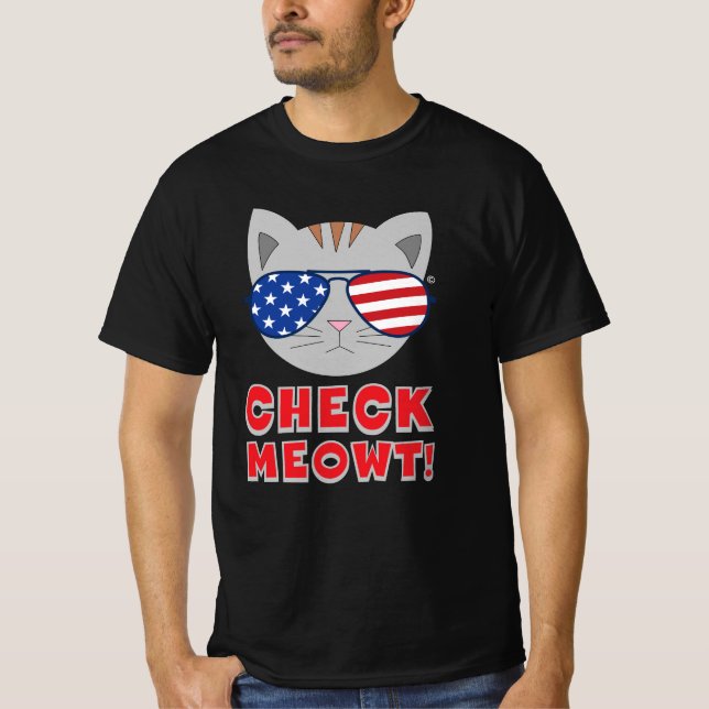 CHECK MEOWT! American Flag Sunglasses Cat T-Shirt (Front)