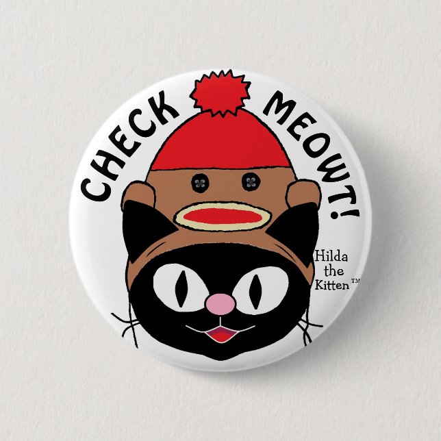 CHECK MEOWT! Black Cartoon Cat w/ Sock Monkey Hat 6 Cm Round Badge (Front)
