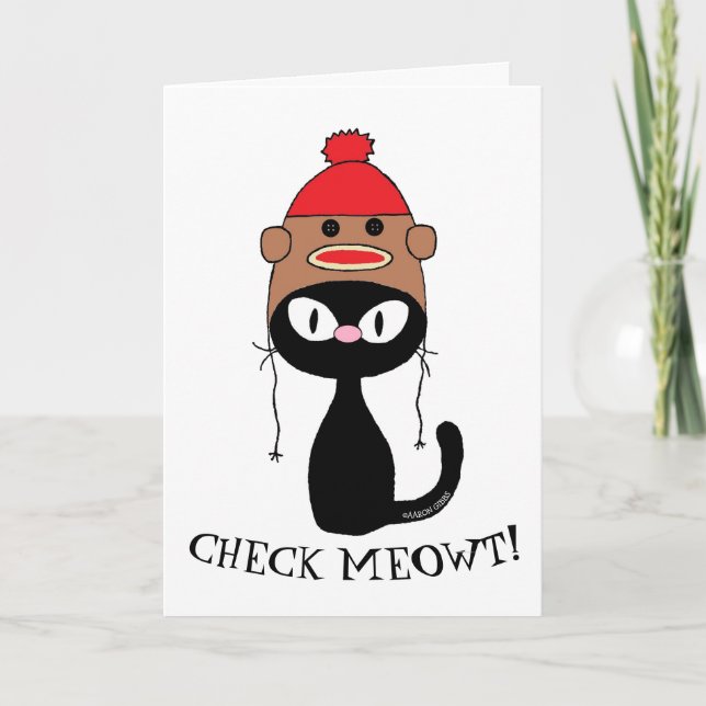 Check Meowt! Black Cat w Sock Monkey Hat Birthday Card (Front)
