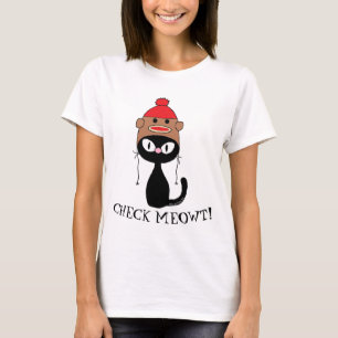 CHECK MEOWT! Black Cat With Sock Monkey Hat T-Shirt