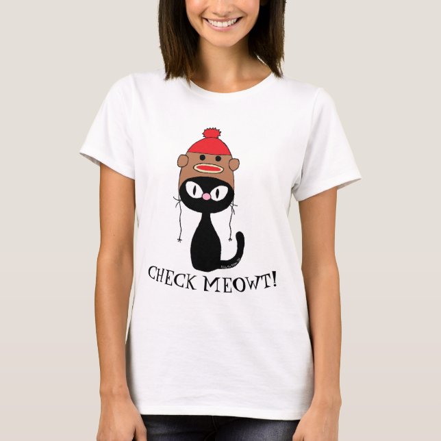 CHECK MEOWT! Black Cat With Sock Monkey Hat T-Shirt (Front)