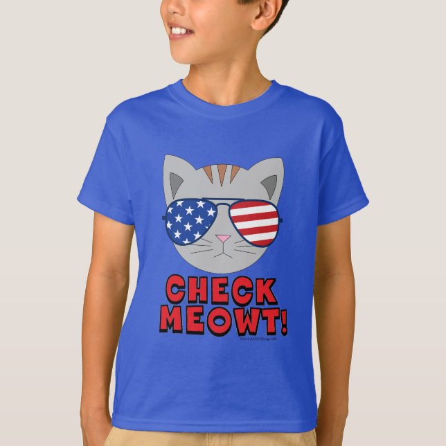 CHECK MEOWT! Cat With American Sunglasses Funny T-Shirt (Front)