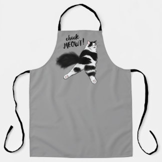 Check Meowt! Funny Black and White Cat Sploot Apron
