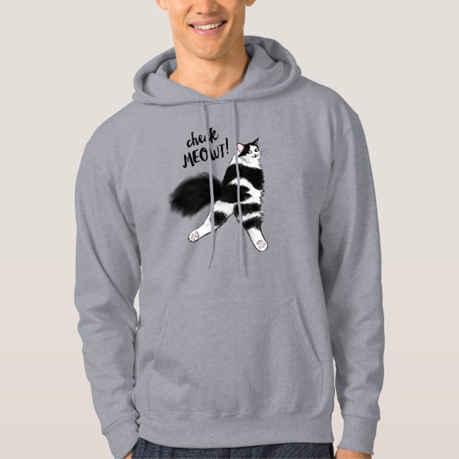 Check Meowt! Funny Black and White Cat Sploot Hoodie (Front)