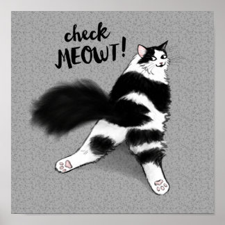Check Meowt! Funny Black and White Cat Sploot Poster