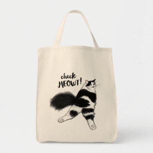 Check Meowt! Funny Black and White Cat Sploot Tote Bag
