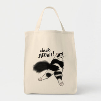 Check Meowt! Funny Black and White Cat Sploot Tote Bag