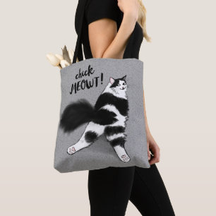 Check Meowt! Funny Cat Sploot Black and White Cat Tote Bag