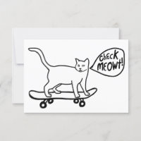 Check Meowt Punny Skateboarding Cat Black Card