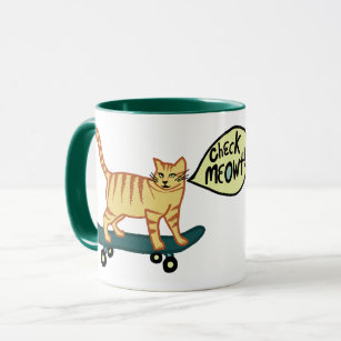 Check Meowt Punny Skateboarding Tabby Cat Mug