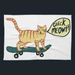 Check Meowt Punny Skateboarding Tabby Cat Tea Towel<br><div class="desc">CHECK MEOWT! Decorate your kitchen with this funny cat towel. Makes a great housewarming or birthday gift for that cat lover in your life! Or the skateboarder!
Check my shop for more matching stuff like mugs and stickers!</div>