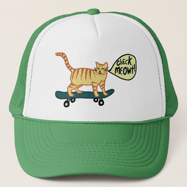 Check Meowt Punny Skateboarding Tabby Cat Trucker Hat (Front)
