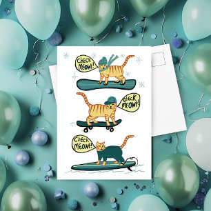 Check Meowt! Skateboard Surfer Snowboard Tabby Cat Postcard