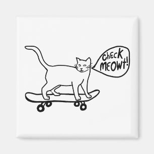 Check Meowt! Skateboarding Cat Black White Magnet