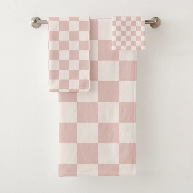 Check Pale Beige Chequered Pattern Chequerboard Bath Towel Set (Insitu)