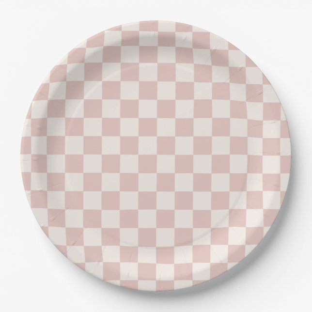 Check Pale Beige Chequered Pattern Chequerboard Paper Plate (Front)