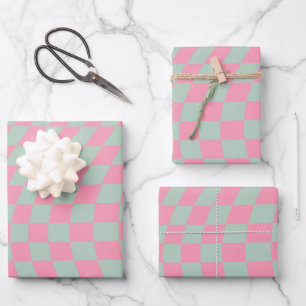Check Pattern Mint Green And Pink Chequerboard Wrapping Paper Sheet