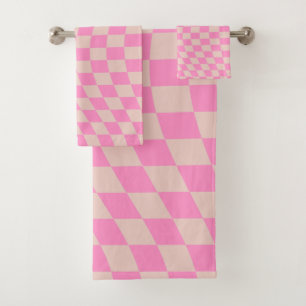 Check Pattern Peach And Pink Preppy Checkerboard Bath Towel Set