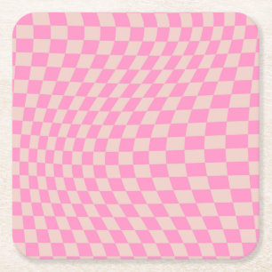 Check Pattern Peach And Pink Preppy Checkerboard Square Paper Coaster