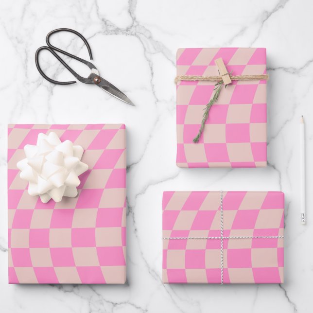 Check Pattern Peach And Pink Preppy Chequerboard Wrapping Paper Sheet (Front)