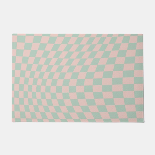 Check Pattern Sage Green And Beige Chequerboard Doormat (Front)