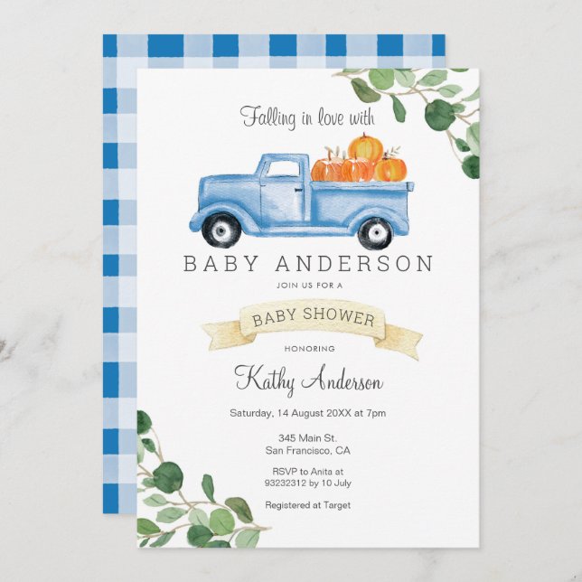 Check pattern Truck Pumpkin Baby Shower Invitation (Front/Back)